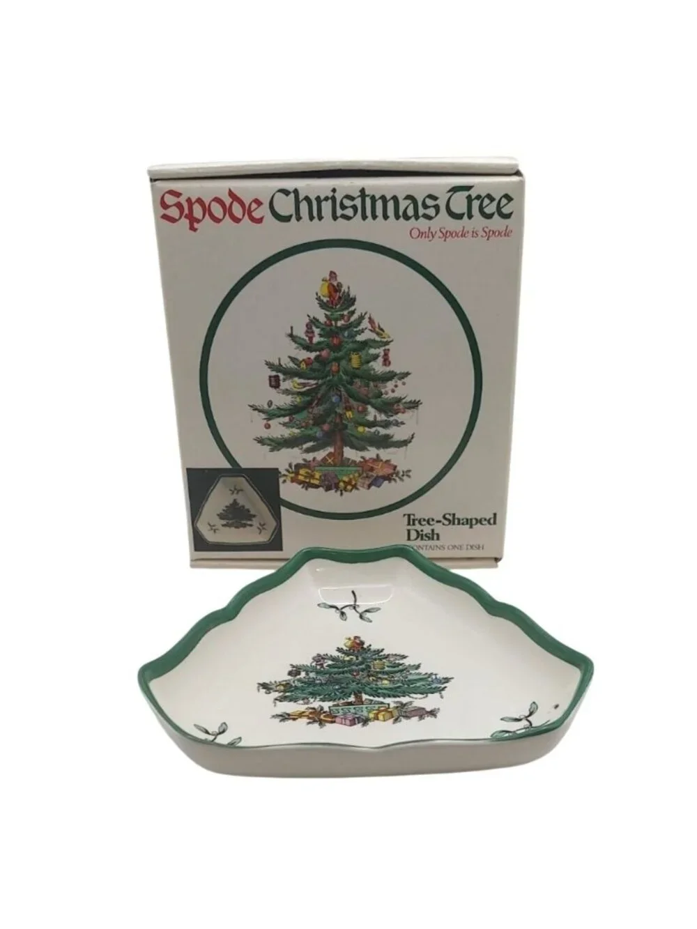 Spode Christmas Tree Trinket Dish Candy Porcelain w/ Box England Vintage Holiday